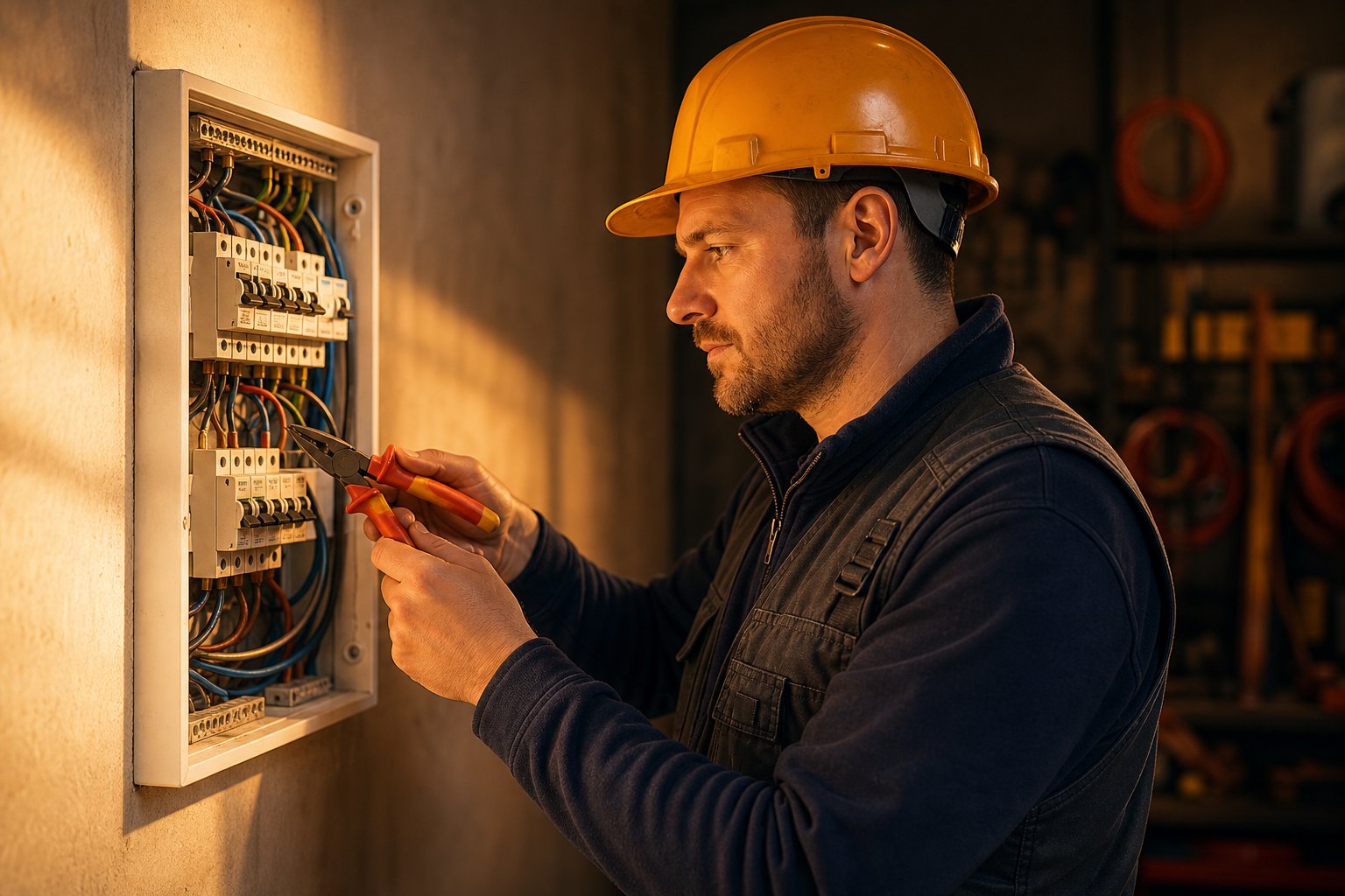 A UK electrician in a hard hat working carefully at an open consumer unit panel, lit by warm evening light